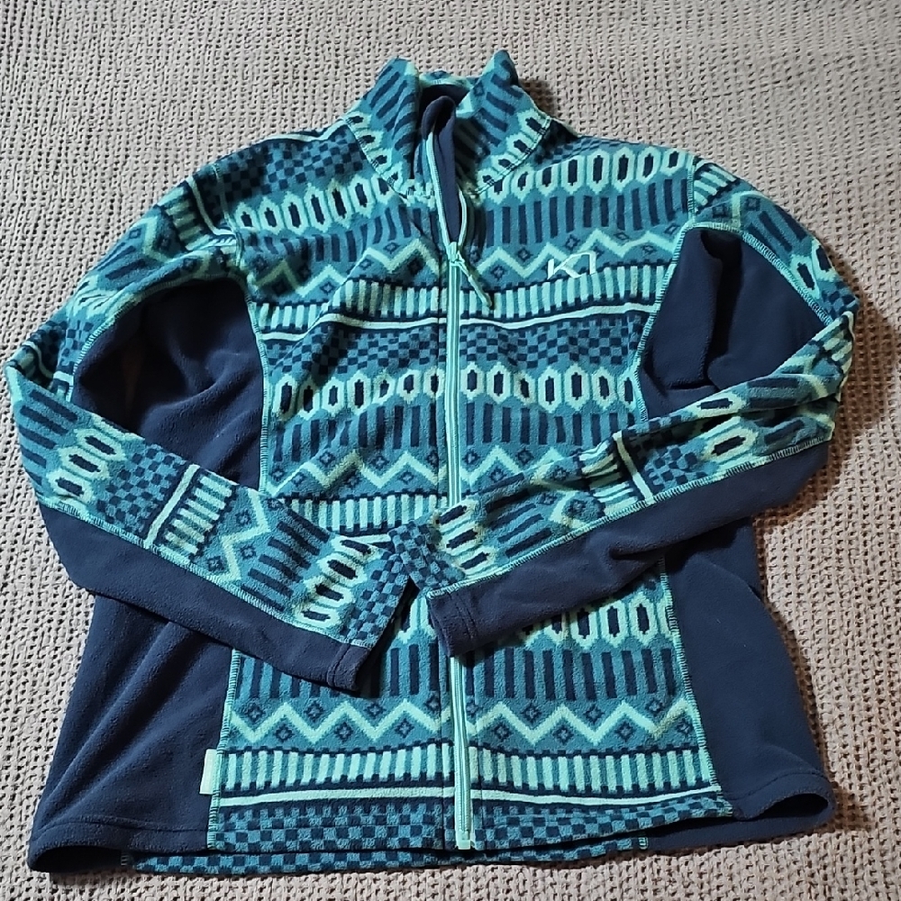 Kari Traa Nordic Print Full Zip Jacket Women’s Large Blue Teal Athletic Fleece - Picture 9 of 13